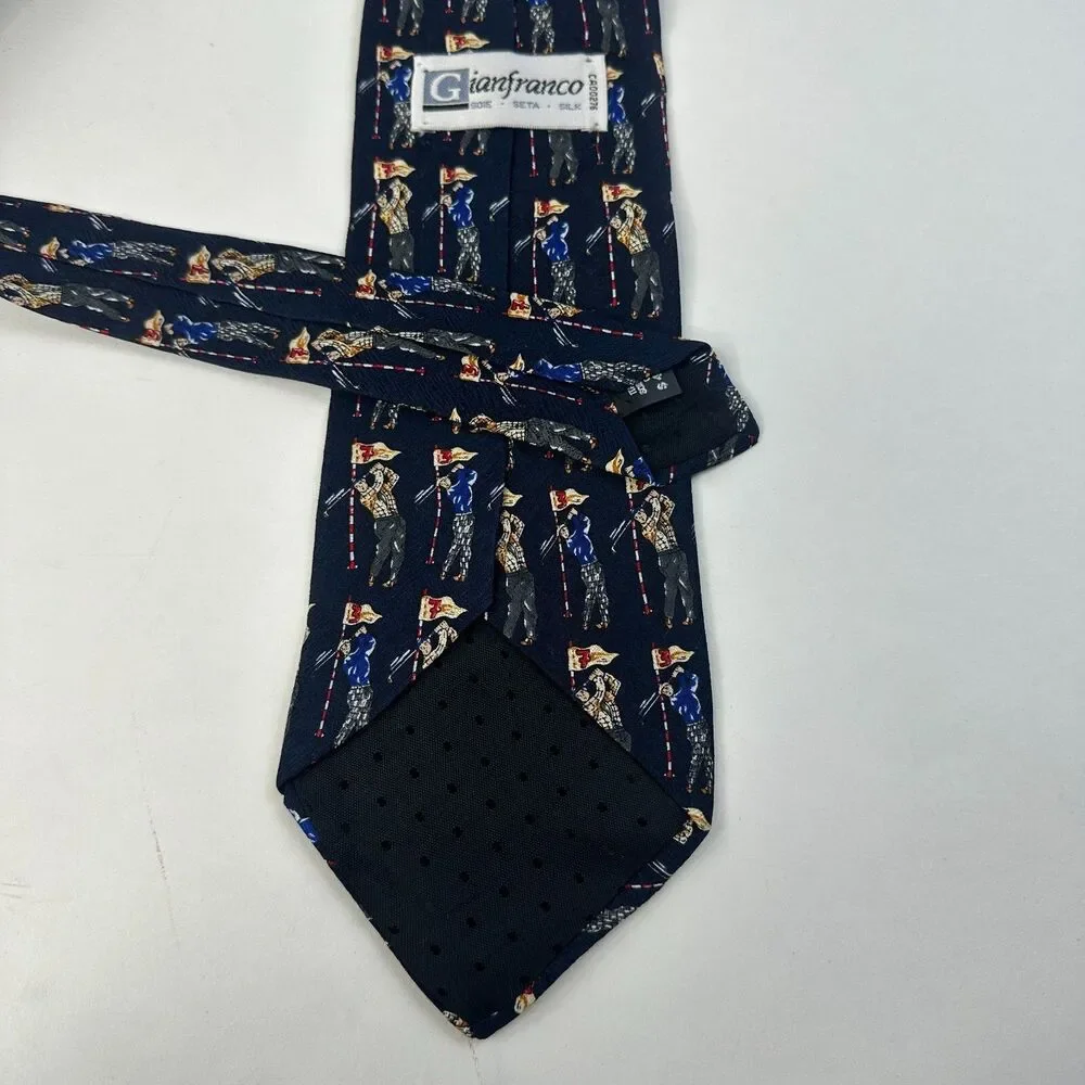 Gianfranco Mens 100%  Silk Tie Golf Print 58 x 3.75 Dark Navy Italy Sports